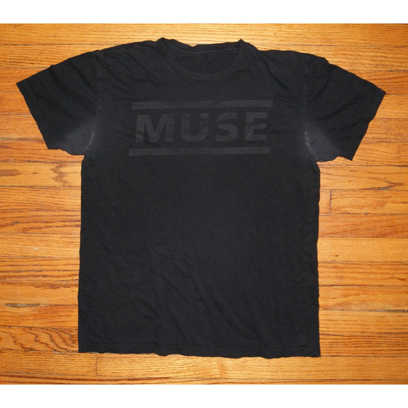 Vintage MUSE Band Tee Black Mens Medium TShirt Distressed Black Spell Out Stains - Picture 1 of 8